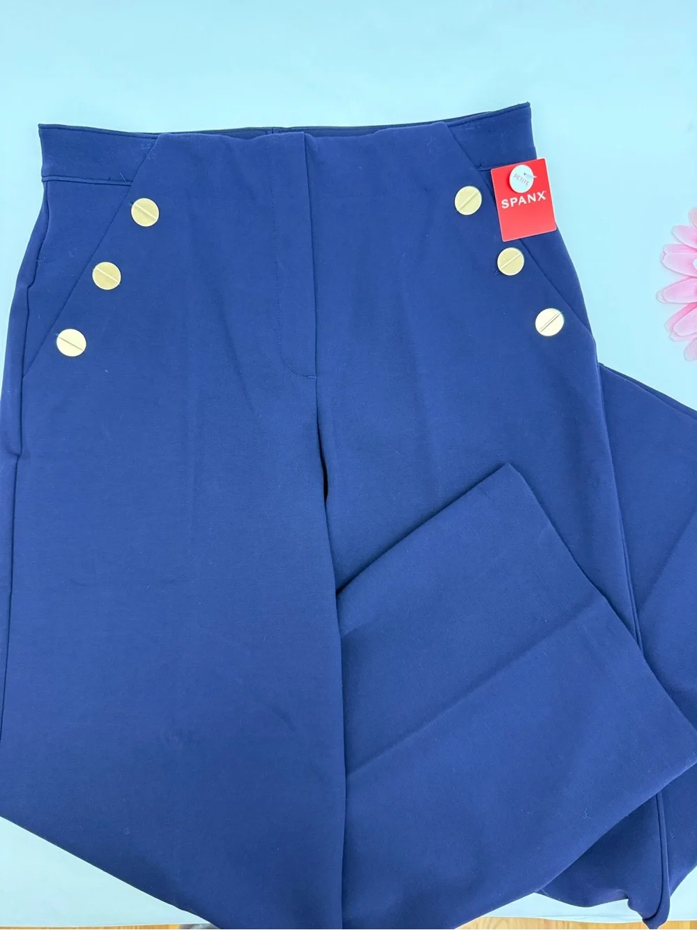 SPANX Ponte Button Front Wide Leg Pants Trousers Lapis Blue Sailor Nautical